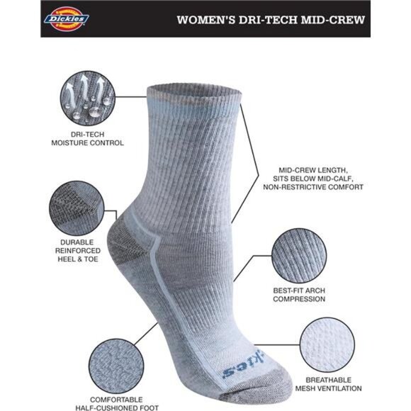 Dickies Women's Dri-tech Advanced Moisture Wicking Mid-Crew Socks (6 Pairs) (M) - Picture 2 of 6